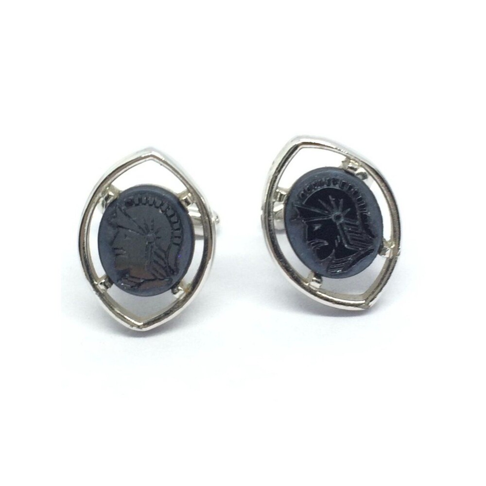 VINTAGE ROMAN SOLDIER Cufflinks Silver Tone Intaglio Cameo Style Mens Retro
